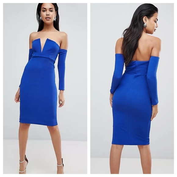 NWT ASOS DESIGN V Bar Bardot Textured Midi Dress - Size US 6 - Picture 1 of 14